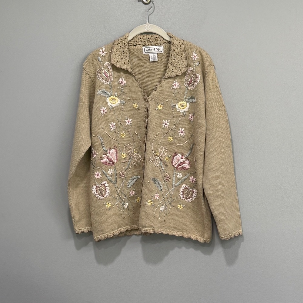 VTG Spice of Life Floral Embroidered Crochet Cardigan Sweater S Cottagecore